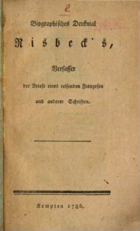 Biographisches Denkmal Risbeck's, Verfasser der Briefe eines reisenden Franzosen und anderer Schriften