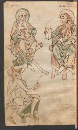 Federzeichnung, laviert: Drei Ärzte im Disput, u.a. Hippocrates und Galen
