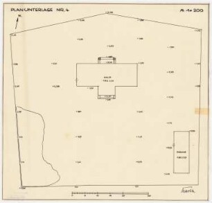 Garten am Landhaus Massolle, Berlin-Kladow: Bestandsplan des Geländes mit Höhenangaben im Nivellementraster sowie mit Vegetations- und Gebäudeumrissen 1:200, Maßstabsleiste