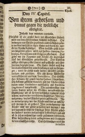 Das IV. Capitel. Von ihrem gehorsam und demut gegen die weltliche obrigkeit.