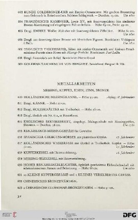 Metallarbeiten: Messing, Kupfer, Eisen, Zinn, Bronze (Nr. 610-623)