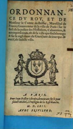 Ordonnance du roi ... sur le faict de la police des Hosteliers