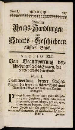 995-1005, Sectio XLI. Von Beantwortung verschiedener Rechts-Fragen, die Kayser-Wahl betreffend