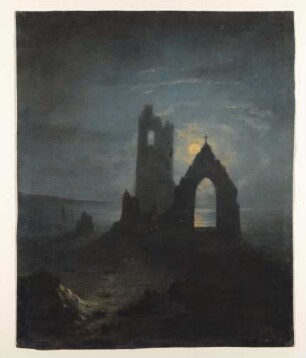 H. Allmers: Kirchenruine am Meer im Mondlicht (Ölstudie)