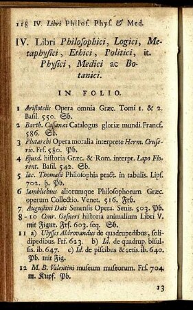 IV. Libri Philosophici, Logici, Metaphysici, Ethici, Politici, it. Physici, Medici ac Botanici.