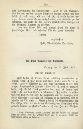 An Paul Mendelssohn Bartholdy. Leipzig, den 21. Juli 1843