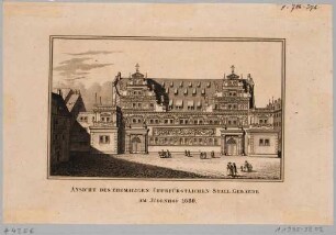 Ansicht des ehemaligen churfürstlichen Stallgebäudes (Johanneum, alte Gemäldegalerie) am Jüdenhof im Jahr 1680, Blatt aus "Dresdens alten und neuen Prachtgebäuden [...] von Grimmer