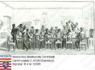 Studentenschaft, Burschenschafter / Szenenbild eines Trinkgelages / Widmungsblatt von E. Böcking, Buschenschafter aus Köln, für Heinrich Freiherr v. Gagern (1799-1880), 1818