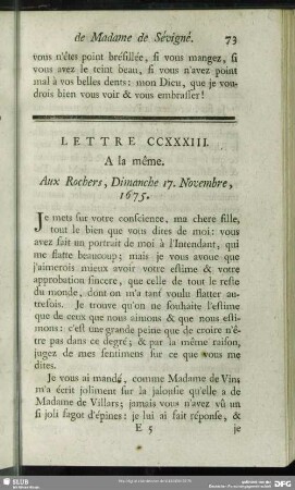 Lettre CCXXXIII. A la même. Aux Rochers, Dimanche 17. Novembre, 1675