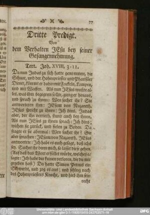 Dritte Predigt. Von dem Verhalten Jesu bey seiner Gefangennehmung.