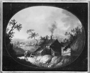 Bauernhaus mit rauchendem Kamin und Wanderer auf Landstraße