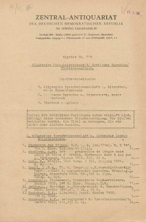 Nr. 719: Allgemeine Sprachwissenschaft/Nordische Sprachen/Finnisch-ugrisch