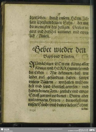 Gebet wieder den Bapst und Türcken