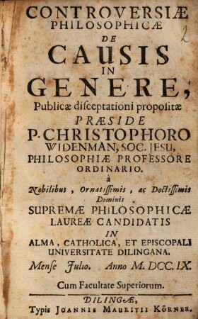 Controversiæ Philosophicæ De Causis In Genere