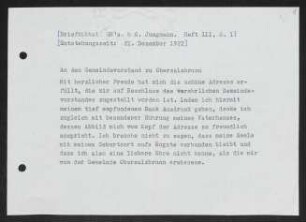 Brief von Gerhart Hauptmann an ... Meyer an Ober Salzbrunn / Bürgermeister