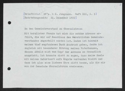 Brief von Gerhart Hauptmann an ... Meyer an Ober Salzbrunn / Bürgermeister