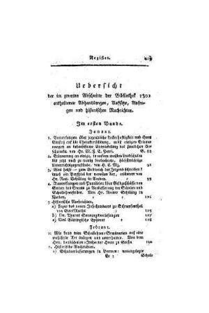 Uebersicht der im zweyten Abschnitte der Bibliothek 1801 enthaltenen Abhandlungen, Aufsätze, Anfragen und historischen Nachrichten