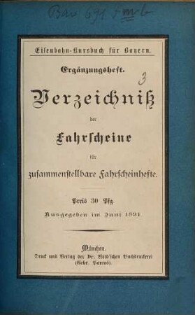 Verzeichniß der Fahrscheine für zusammenstellbare Fahrscheinhefte. 1891