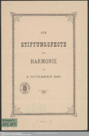 Zum Stiftungsfeste der Harmonie am 5. November 1893