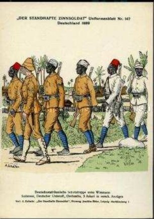 Uniformdarstellung, Soldaten und Unteroffizier der Deutschostafrikanischen Schutztruppe, Deutsches Kaiserreich, 1889.