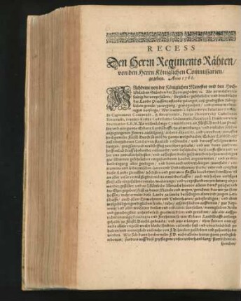 Recess Den Herrn Regiments Rähten/ von den Herrn Königlichen Commissarien gegeben. Anno 1566.