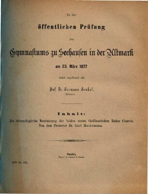 Zu der öffentlichen Prüfung des Gymnasiums zu Seehausen i.A. am ... ladet ergebenst ein. 1876/77