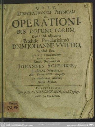 Disputationem Physicam De Operationibus Defunctorum