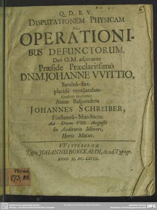 Disputationem Physicam De Operationibus Defunctorum