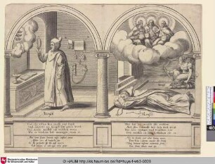[Zwei biblische Allegorien: Ein Mann mit Rosenkranz betrachtet sich in einem Spiegel / Ein schlafender Mann mit Rosenkranz, hinter ihm die Verkörperung des blinden Einfallsreichtums, über ihm die Dreifaltigkeit; A man with rosary considers himself in a mirror / A sleeping man with rosary, behind him the embodiment of the blind ingenuity, about him the Trinity]