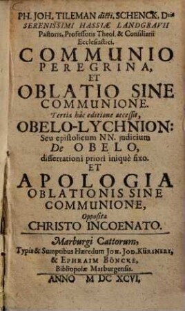 Ph. Joh. Tileman ... Communio Peregrina, Et Oblatio Sine Communione