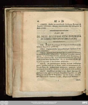 Pars III. De Nexu Ecclesiae Cum Republica Et Iuribus Principum Circa Sacra.