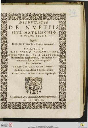 Dispvtatio De Nvptiis Sive Matrimonio Eivsqve Cavsis