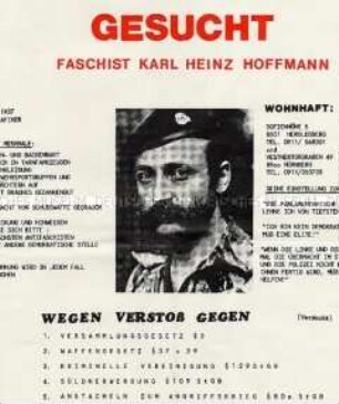 Maueranschlag im Layout eines Steckbriefes gegen den Neonazi Karl-Heinz Hoffmann