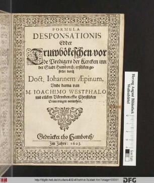 Formula Desponsationis Edder Truwbökeschen/ vor de Predigers der Kercken inn der Stadt Hamborch
