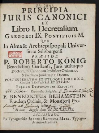 Principia Iuris Canonici Ex Libro I. Decretalium Gregorii IX. Pontificis M.
