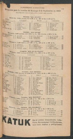 Hipódromo Argentino - Programa para la reunión del domingo 5 de septiembre de 1909