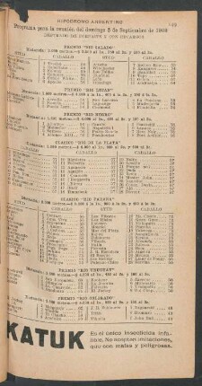 Hipódromo Argentino - Programa para la reunión del domingo 5 de septiembre de 1909