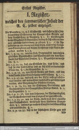 I. Register, welches den summarischen Inhalt der A. C. selber anzeiget