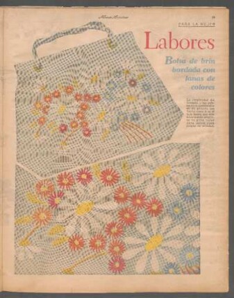 Labores [Dibujos] : Bolsa de brin bordada con lanas de colores