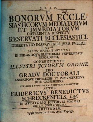 De bonorum ecclesiasticorum mediatorum et immediatorum differentia respectu reservati ecclessiastia : [diss. inaug.]