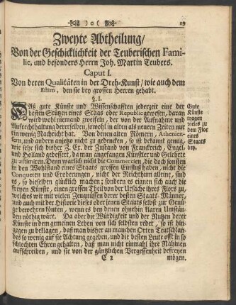 Zweyte Abtheilung/ Von der Geschicklichkeit der Teuberischen Familie, und besonders Herrn Joh. Martin Teubers