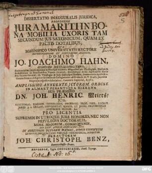 Dissertatio Inauguralis Juridica, Proponens Jura Mariti In Bona Mobilia Uxoris Tam Secundum Jus Saxonicum, Quam Ex Pactis Dotalibus