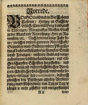 Des Durchläuchtigen Hochgebornen Fürsten und Herrn, Herrn Johann Casimirs, Hertzogen zu Sachssen, Gülich, Cleve und Berge ... Abschied, Wie es in underschiedlichen Puncten die Voigteyliche Obrigkeit, Lehenwahr, Jachten und anders betreffend ... gehalten werden soll etc.