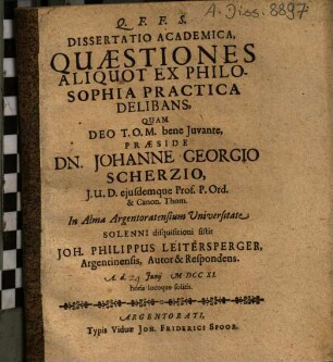 Dissertatio Academica Quaestiones Aliquot Ex Philosophia Practica Delibans