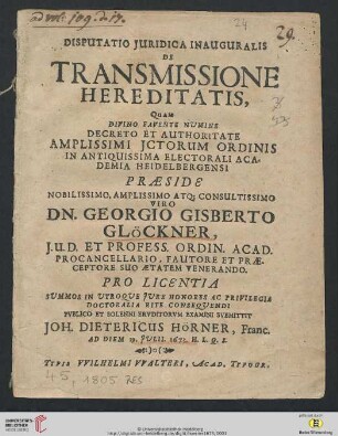 Disputatio Iuridica Inauguralis De Transmissione Hereditatis
