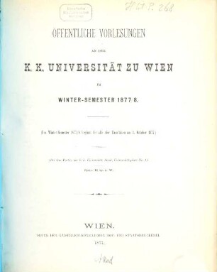 Vorlesungsverzeichnis. 1877/78, 1877/78. WS
