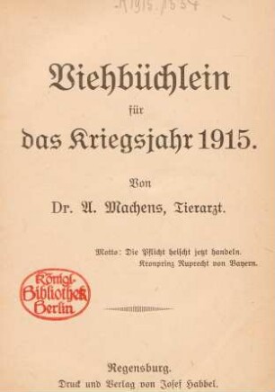 Viehbüchlein für das Kriegsjahr 1915