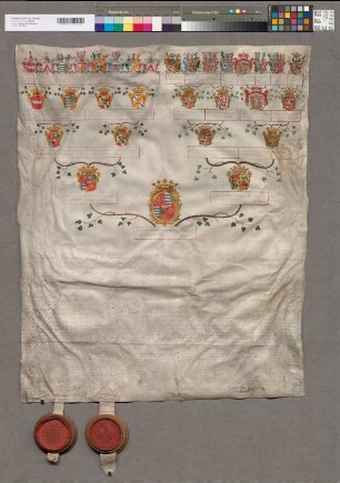 16er-Wappenahnentafel der Maria Theresia Gräfin von Nesselrode-Landskron. Bestätigt durch Clemens Wenzeslaus Erzbischof zu Trier, Carl Theodor Pfalzgraf zu Rhein, Franz Josef Graf zu Manderscheid, Blankenheim und Gerolstein, Sigismund Graf zu Salm-Reifferscheid. Mit den vier Unterschriften. Mit zwei Siegeln in Holzkapseln (von 4) erhalten.