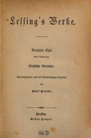 Lessing's Werke, 13,1. Classische Literatur