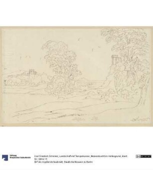 Landschaft mit Tempelruinen, Meeresbucht im Hintergrund